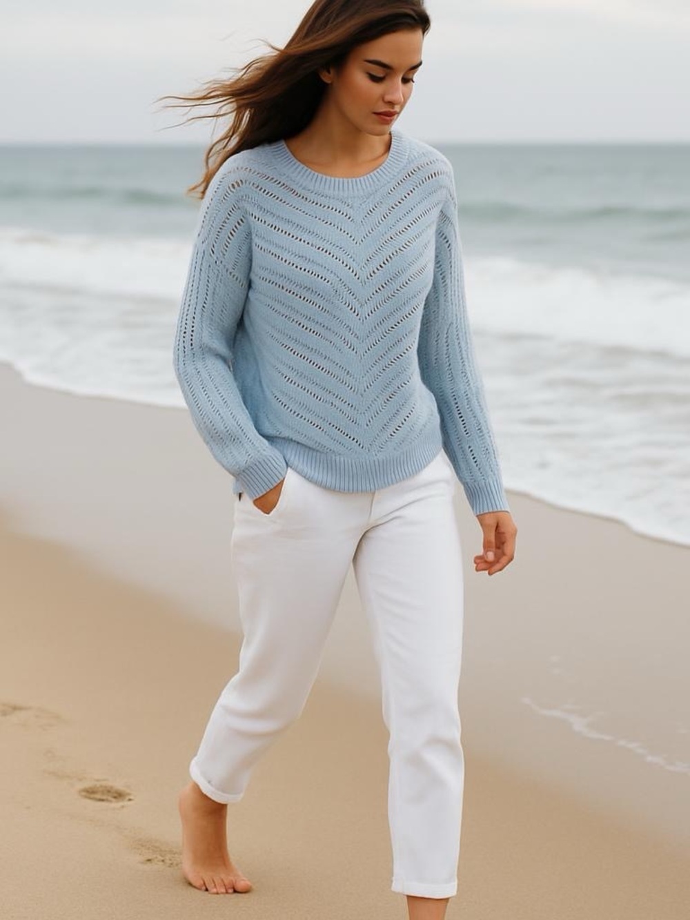 Lucky Brand pointelle Light Blue Crew Neck Sweater Size L